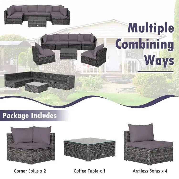 Ensemble de mobilier de jardin en rotin avec canapé sectionnel et coussins – 7 pièces – Canapé sans accoudoirs : 29 x 25,5 x 24