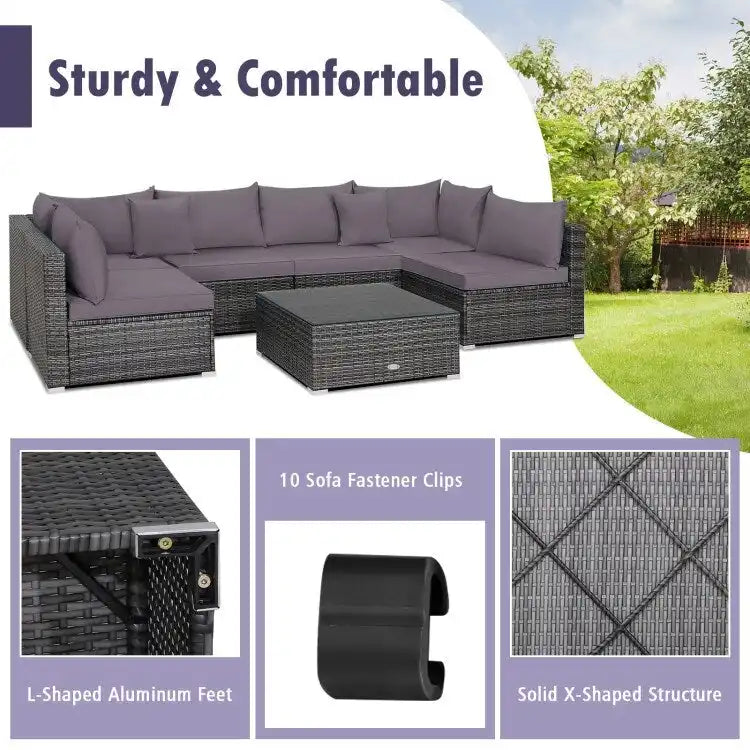 Ensemble de mobilier de jardin en rotin avec canapé sectionnel et coussins – 7 pièces – Canapé sans accoudoirs : 29 x 25,5 x 24