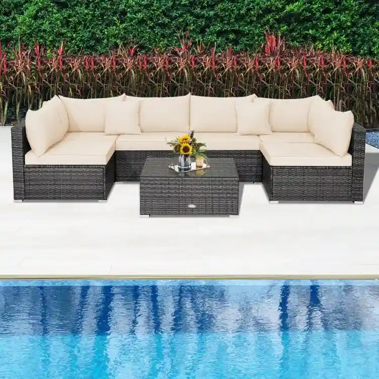 Ensemble de mobilier de jardin en rotin avec canapé sectionnel et coussins – 7 pièces – Canapé sans accoudoirs : 29 x 25,5 x 24