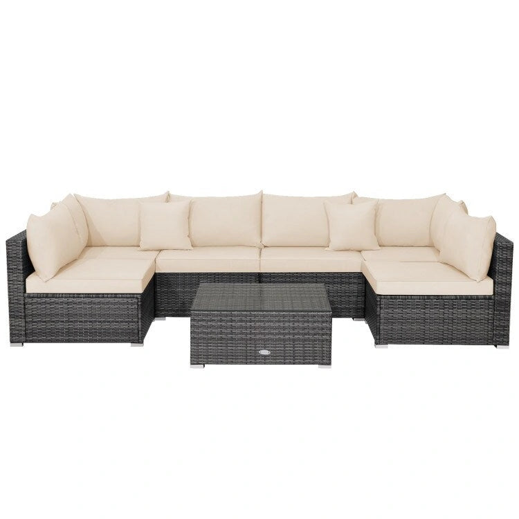Ensemble de mobilier de jardin en rotin avec canapé sectionnel et coussins – 7 pièces – Canapé sans accoudoirs : 29 x 25,5 x 24
