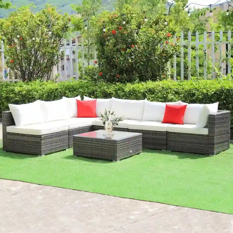 Ensemble de mobilier de jardin en rotin avec canapé sectionnel et coussins – 7 pièces – Canapé sans accoudoirs : 29 x 25,5 x 24