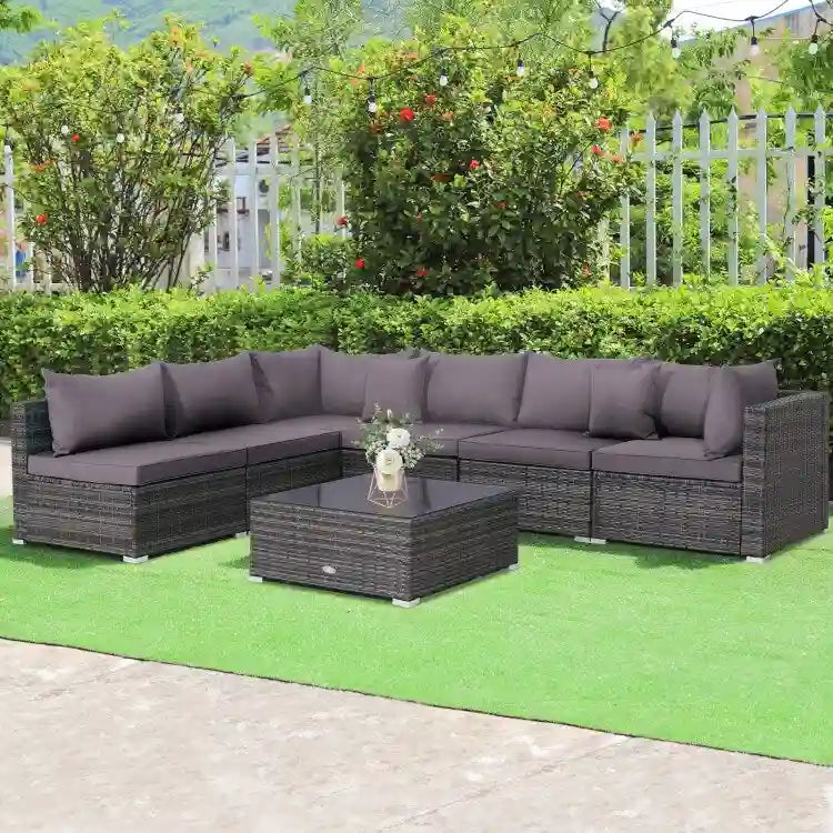 Ensemble de mobilier de jardin en rotin avec canapé sectionnel et coussins – 7 pièces – Canapé sans accoudoirs : 29 x 25,5 x 24