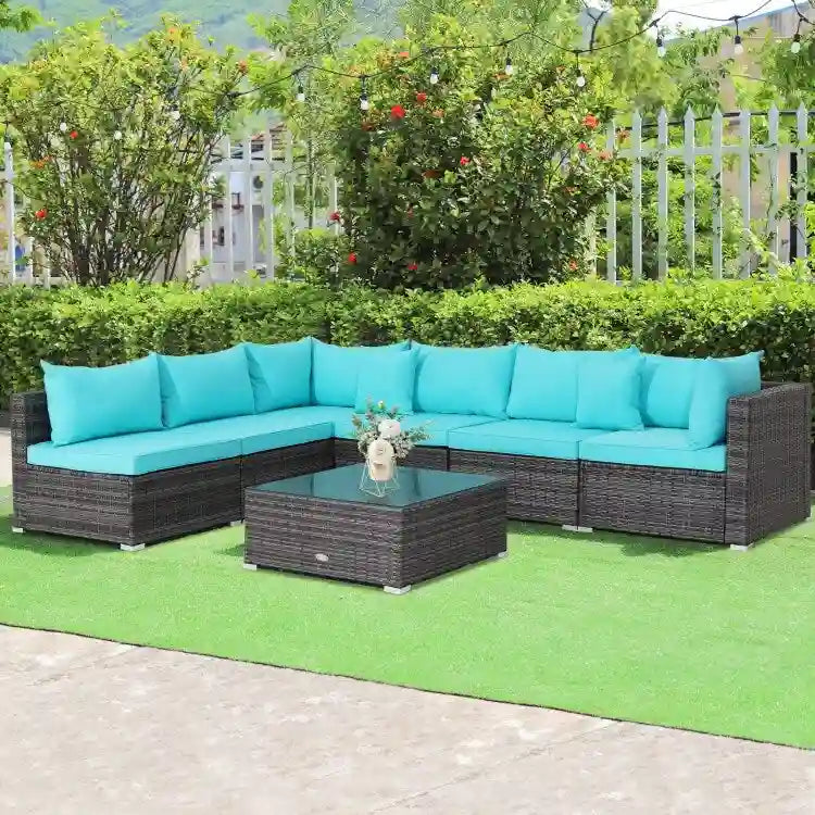 Ensemble de mobilier de jardin en rotin avec canapé sectionnel et coussins – 7 pièces – Canapé sans accoudoirs : 29 x 25,5 x 24