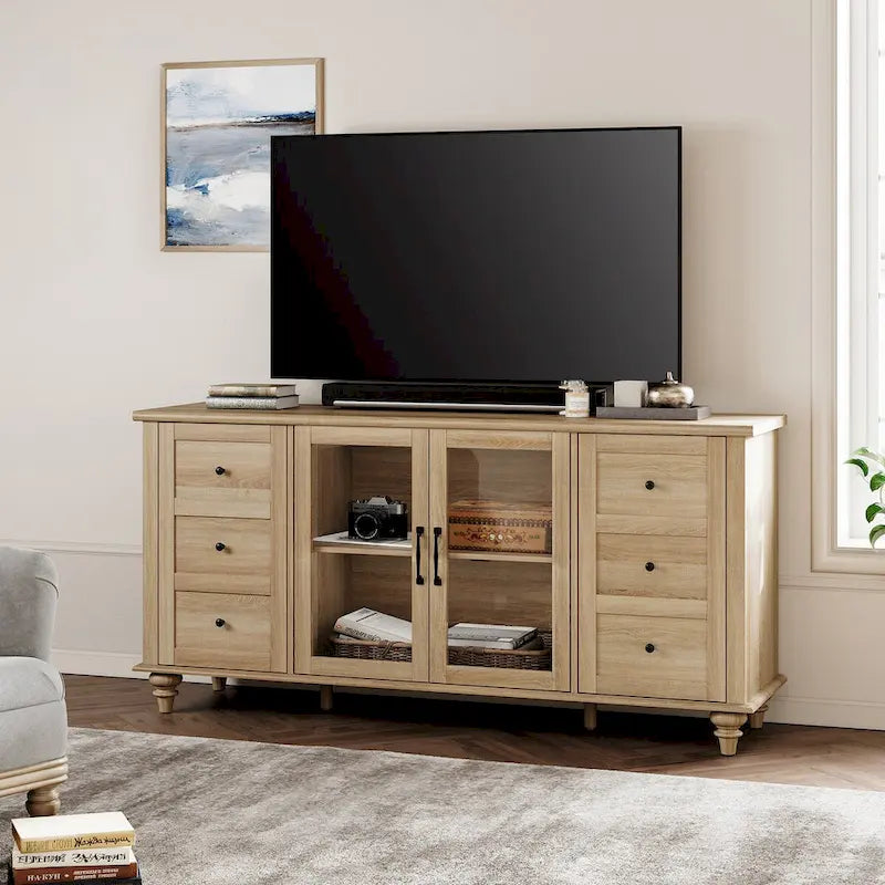 Meuble TV de ferme WAMPAT avec portes en verre, pour téléviseurs jusqu'à 75 pouces, console TV universelle en bois