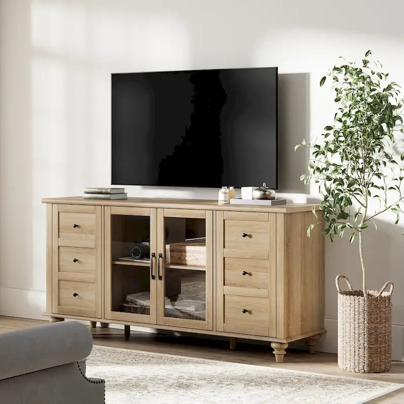 Meuble TV de ferme WAMPAT avec portes en verre, pour téléviseurs jusqu'à 75 pouces, console TV universelle en bois