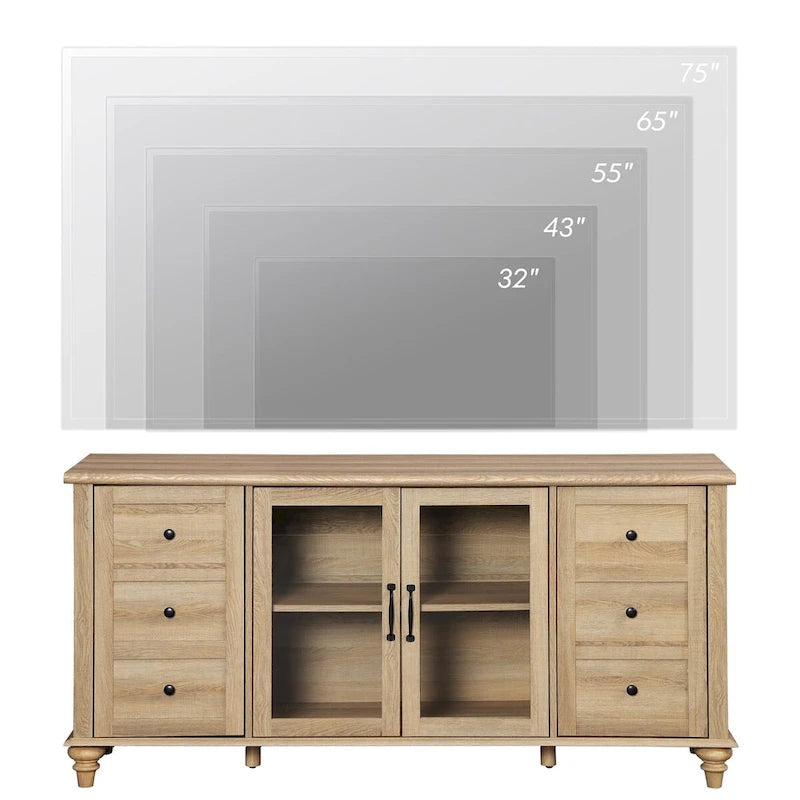 Meuble TV de ferme WAMPAT avec portes en verre, pour téléviseurs jusqu'à 75 pouces, console TV universelle en bois