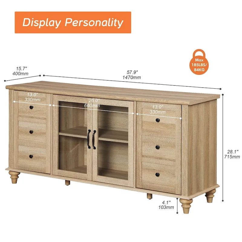 Meuble TV de ferme WAMPAT avec portes en verre, pour téléviseurs jusqu'à 75 pouces, console TV universelle en bois