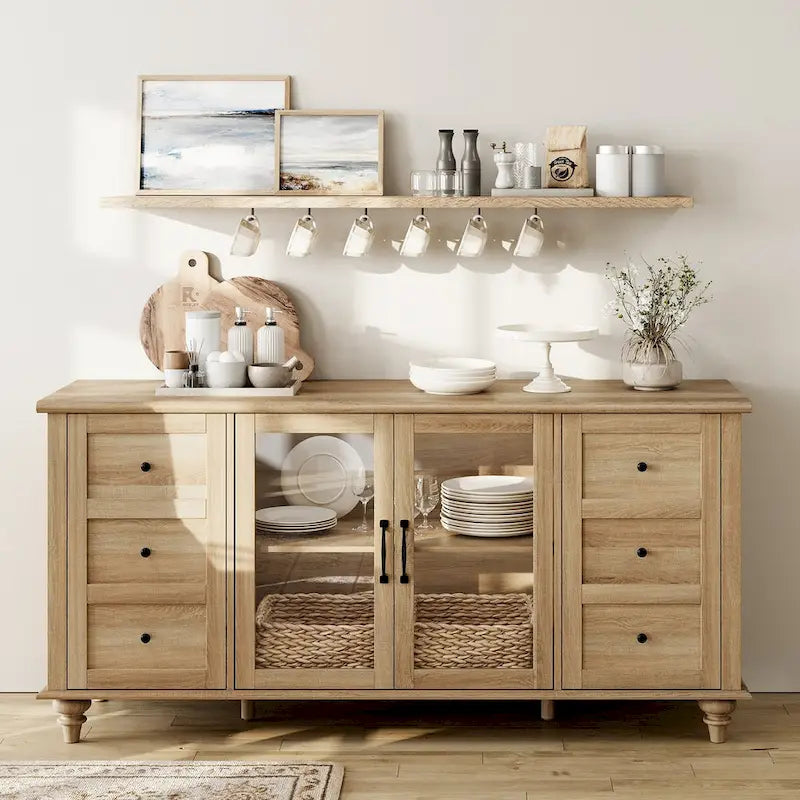Meuble TV de ferme WAMPAT avec portes en verre, pour téléviseurs jusqu'à 75 pouces, console TV universelle en bois