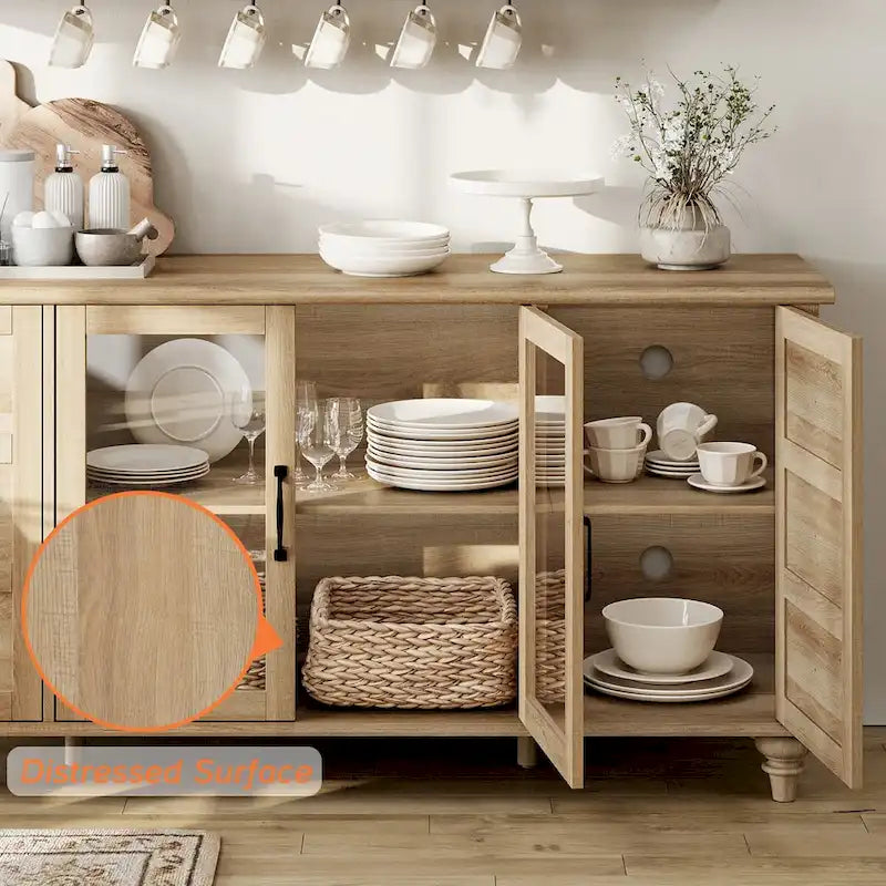 Meuble TV de ferme WAMPAT avec portes en verre, pour téléviseurs jusqu'à 75 pouces, console TV universelle en bois