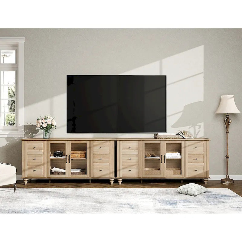 Meuble TV de ferme WAMPAT avec portes en verre, pour téléviseurs jusqu'à 75 pouces, console TV universelle en bois