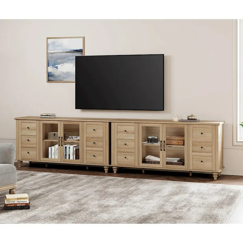 Meuble TV de ferme WAMPAT avec portes en verre, pour téléviseurs jusqu'à 75 pouces, console TV universelle en bois