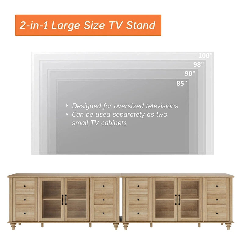 Meuble TV de ferme WAMPAT avec portes en verre, pour téléviseurs jusqu'à 75 pouces, console TV universelle en bois