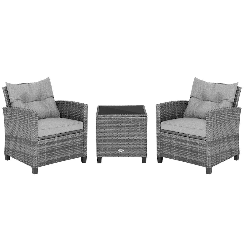3-Piece Outdoor Wicker Patio Furniture Set with Tempered Glass Coffee Table - 26.5 x 26.5 x 30 (L x W x H)