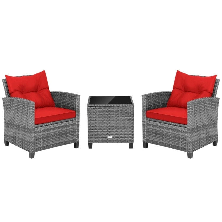 Ensemble de mobilier de patio en osier 3 pièces avec table basse en verre trempé - 26,5 x 26,5 x 30 (L x l x H)