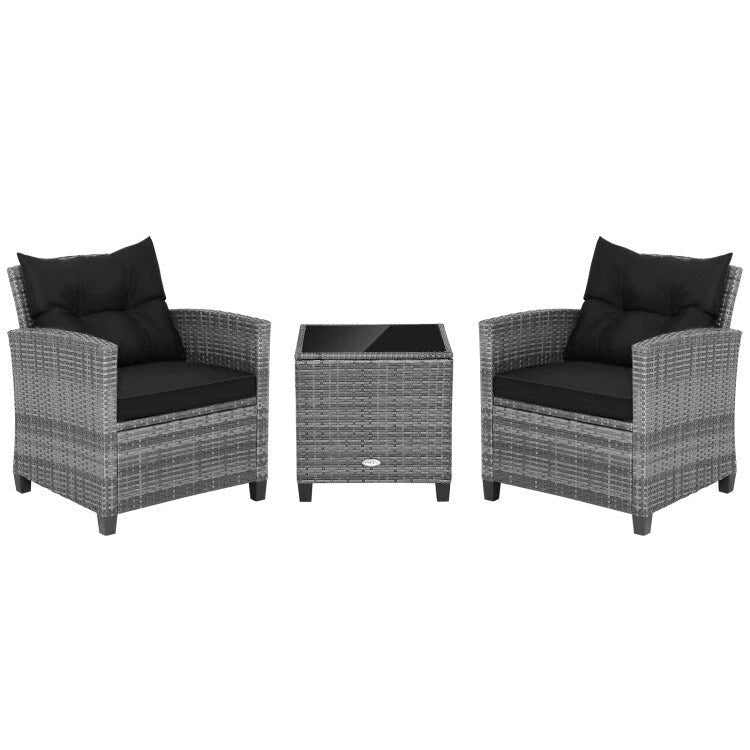 Ensemble de mobilier de patio en osier 3 pièces avec table basse en verre trempé - 26,5 x 26,5 x 30 (L x l x H)