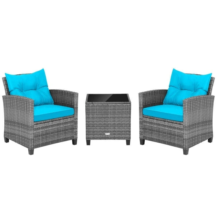 Ensemble de mobilier de patio en osier 3 pièces avec table basse en verre trempé - 26,5 x 26,5 x 30 (L x l x H)