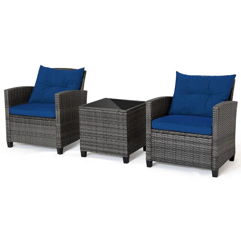 Ensemble de mobilier de patio en osier 3 pièces avec table basse en verre trempé - 26,5 x 26,5 x 30 (L x l x H)