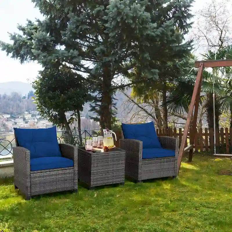 Ensemble de mobilier de patio en osier 3 pièces avec table basse en verre trempé - 26,5 x 26,5 x 30 (L x l x H)