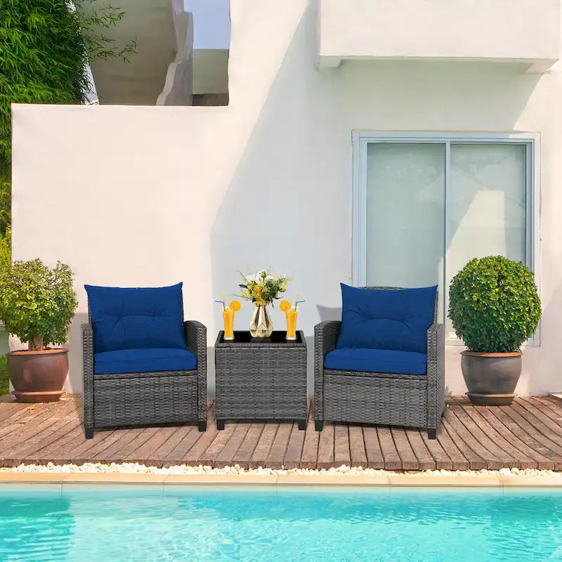 Ensemble de mobilier de patio en osier 3 pièces avec table basse en verre trempé - 26,5 x 26,5 x 30 (L x l x H)