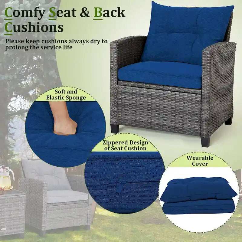 Ensemble de mobilier de patio en osier 3 pièces avec table basse en verre trempé - 26,5 x 26,5 x 30 (L x l x H)