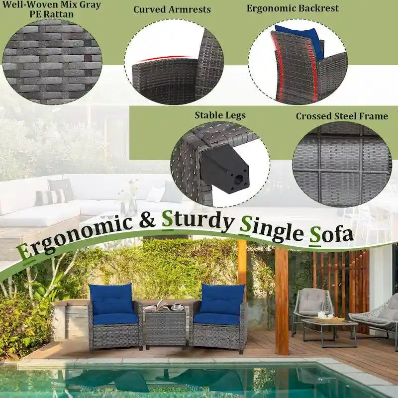 Ensemble de mobilier de patio en osier 3 pièces avec table basse en verre trempé - 26,5 x 26,5 x 30 (L x l x H)