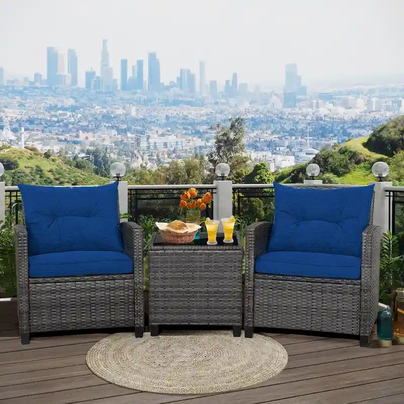 Ensemble de mobilier de patio en osier 3 pièces avec table basse en verre trempé - 26,5 x 26,5 x 30 (L x l x H)