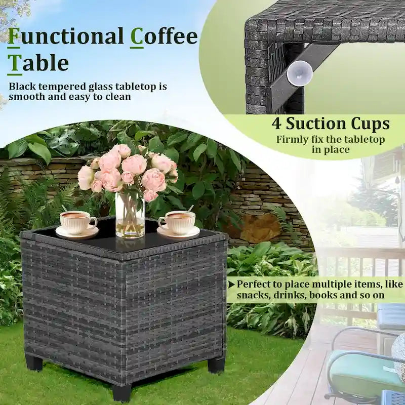 Ensemble de mobilier de patio en osier 3 pièces avec table basse en verre trempé - 26,5 x 26,5 x 30 (L x l x H)