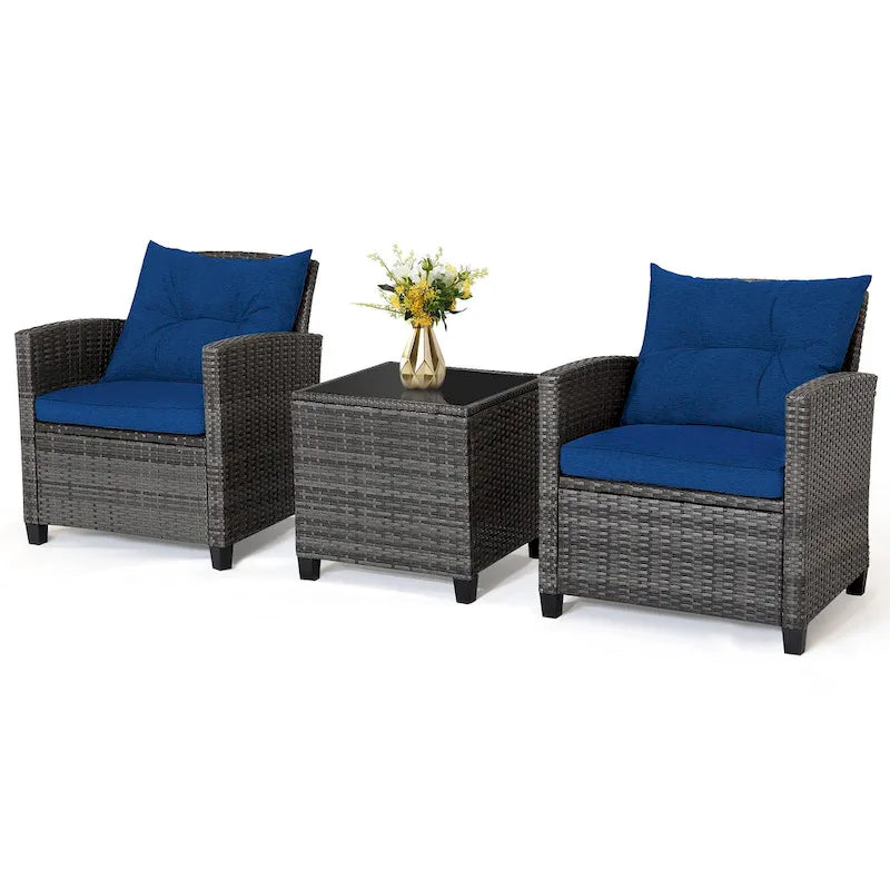 Ensemble de mobilier de patio en osier 3 pièces avec table basse en verre trempé - 26,5 x 26,5 x 30 (L x l x H)