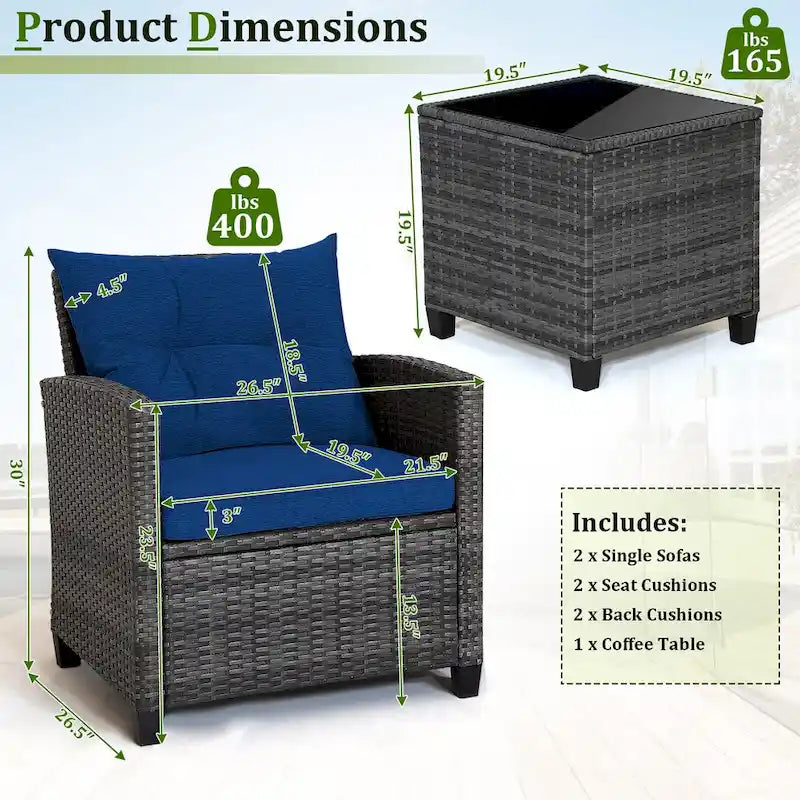 Ensemble de mobilier de patio en osier 3 pièces avec table basse en verre trempé - 26,5 x 26,5 x 30 (L x l x H)