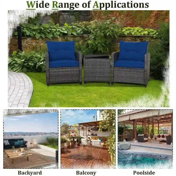 Ensemble de mobilier de patio en osier 3 pièces avec table basse en verre trempé - 26,5 x 26,5 x 30 (L x l x H)