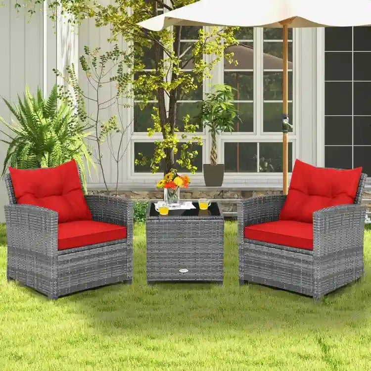 Ensemble de mobilier de patio en osier 3 pièces avec table basse en verre trempé - 26,5 x 26,5 x 30 (L x l x H)