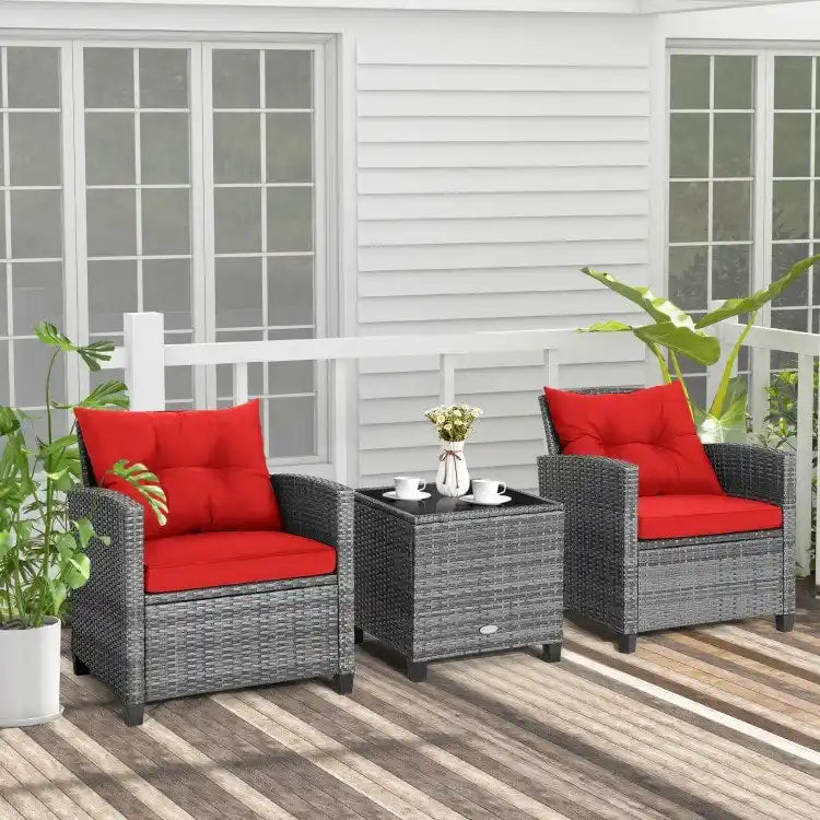 Ensemble de mobilier de patio en osier 3 pièces avec table basse en verre trempé - 26,5 x 26,5 x 30 (L x l x H)