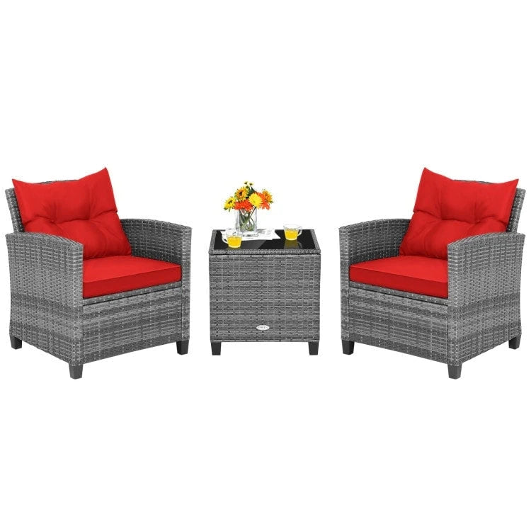 Ensemble de mobilier de patio en osier 3 pièces avec table basse en verre trempé - 26,5 x 26,5 x 30 (L x l x H)