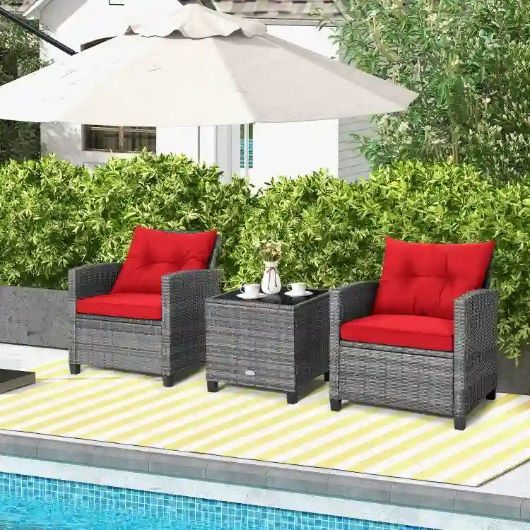 Ensemble de mobilier de patio en osier 3 pièces avec table basse en verre trempé - 26,5 x 26,5 x 30 (L x l x H)