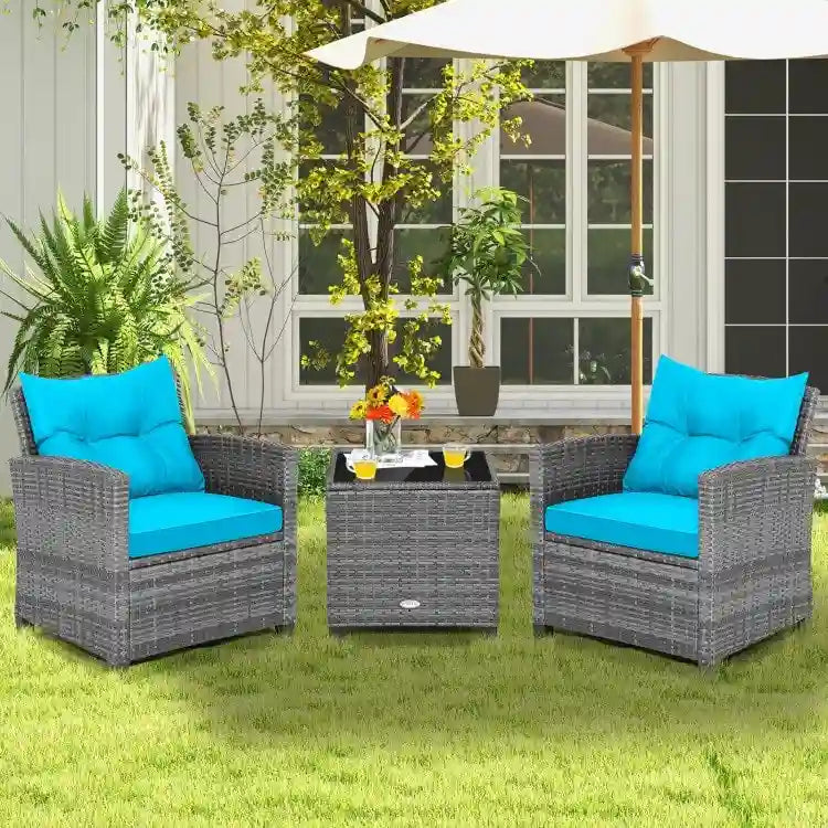 Ensemble de mobilier de patio en osier 3 pièces avec table basse en verre trempé - 26,5 x 26,5 x 30 (L x l x H)