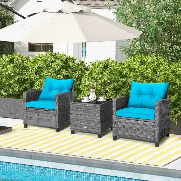Ensemble de mobilier de patio en osier 3 pièces avec table basse en verre trempé - 26,5 x 26,5 x 30 (L x l x H)