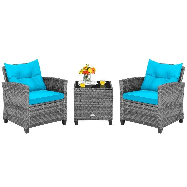 Ensemble de mobilier de patio en osier 3 pièces avec table basse en verre trempé - 26,5 x 26,5 x 30 (L x l x H)