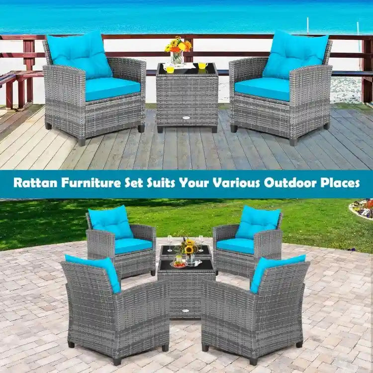 Ensemble de mobilier de patio en osier 3 pièces avec table basse en verre trempé - 26,5 x 26,5 x 30 (L x l x H)
