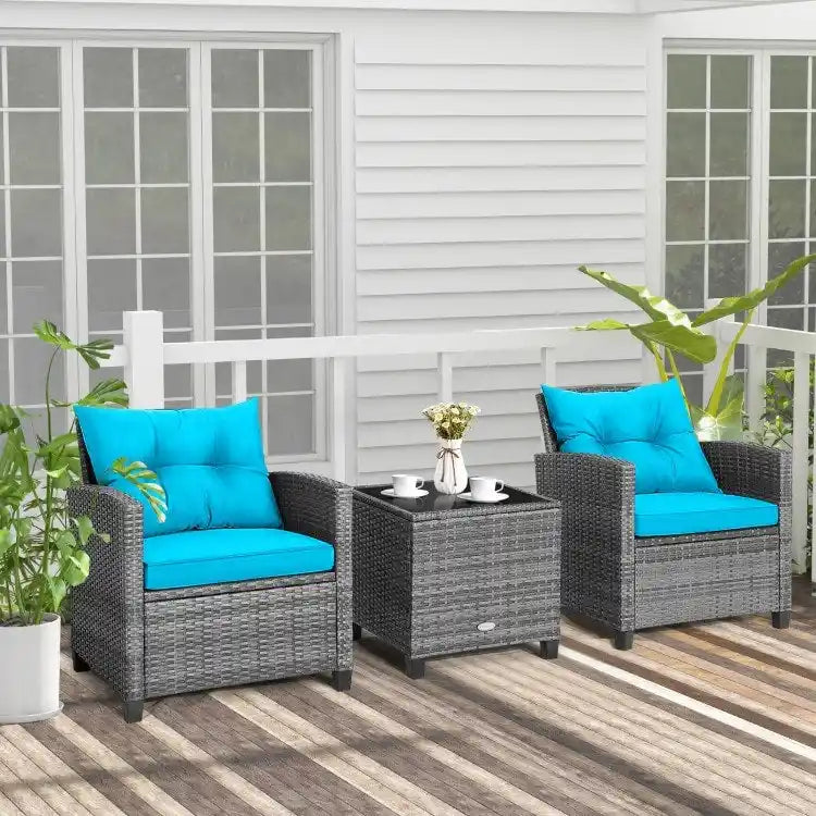 Ensemble de mobilier de patio en osier 3 pièces avec table basse en verre trempé - 26,5 x 26,5 x 30 (L x l x H)