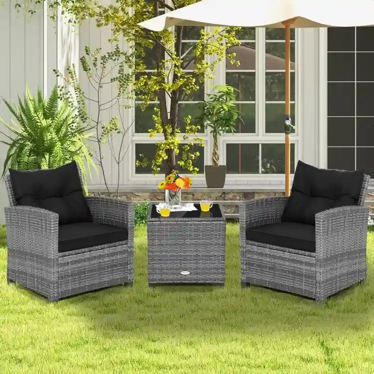 Ensemble de mobilier de patio en osier 3 pièces avec table basse en verre trempé - 26,5 x 26,5 x 30 (L x l x H)