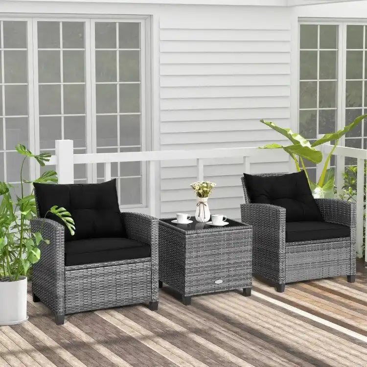 Ensemble de mobilier de patio en osier 3 pièces avec table basse en verre trempé - 26,5 x 26,5 x 30 (L x l x H)