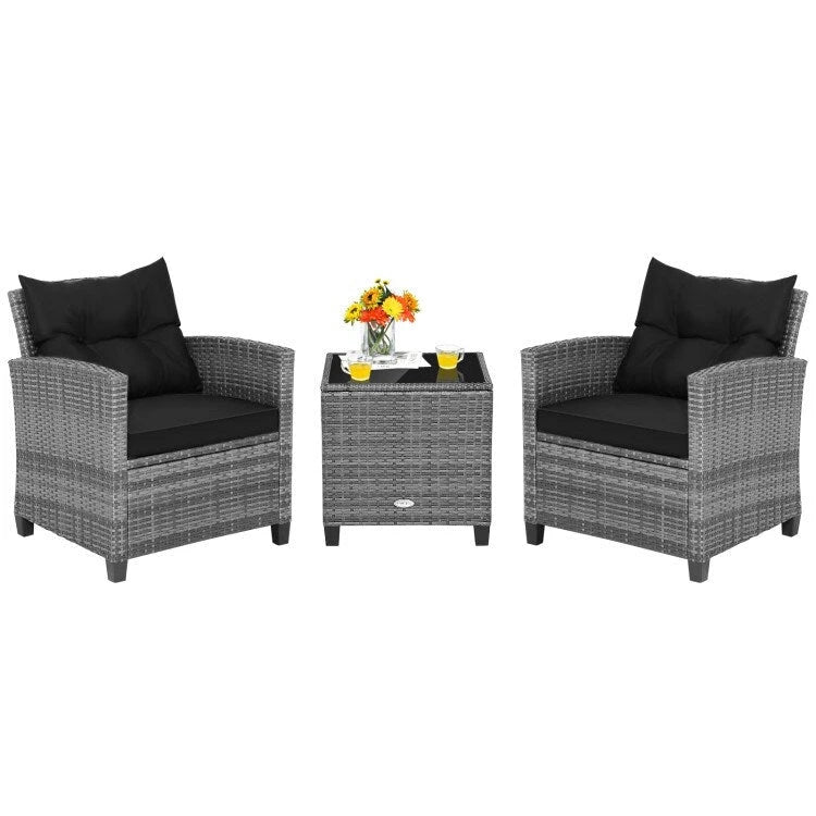 Ensemble de mobilier de patio en osier 3 pièces avec table basse en verre trempé - 26,5 x 26,5 x 30 (L x l x H)