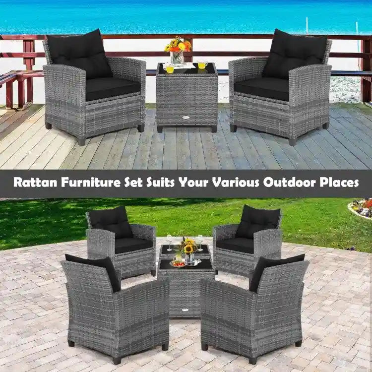 Ensemble de mobilier de patio en osier 3 pièces avec table basse en verre trempé - 26,5 x 26,5 x 30 (L x l x H)