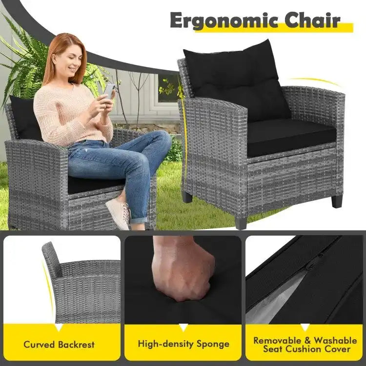 Ensemble de mobilier de patio en osier 3 pièces avec table basse en verre trempé - 26,5 x 26,5 x 30 (L x l x H)