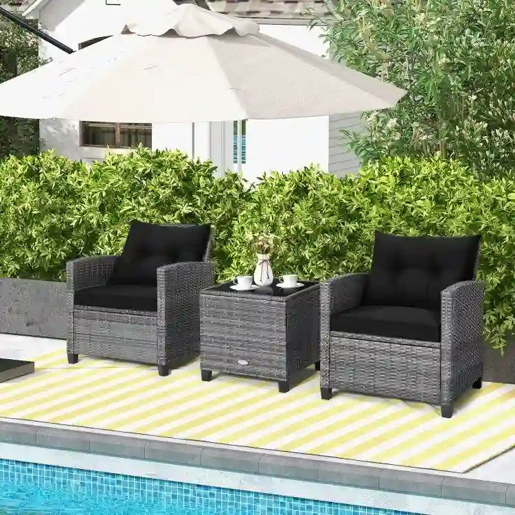 Ensemble de mobilier de patio en osier 3 pièces avec table basse en verre trempé - 26,5 x 26,5 x 30 (L x l x H)