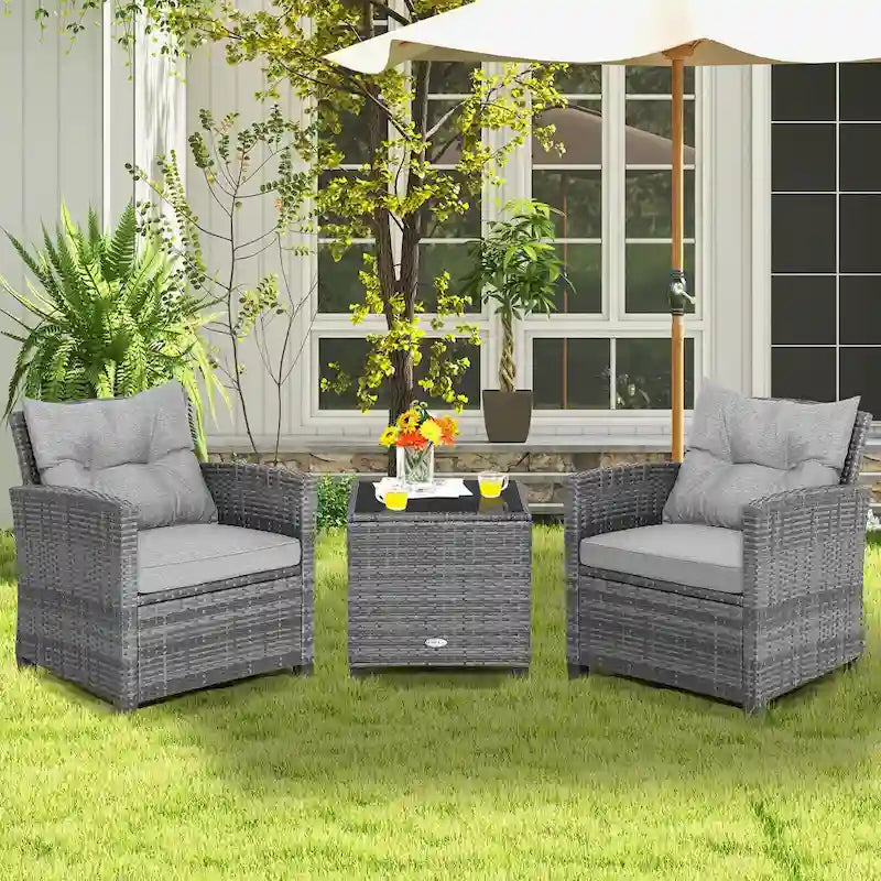 Ensemble de mobilier de patio en osier 3 pièces avec table basse en verre trempé - 26,5 x 26,5 x 30 (L x l x H)