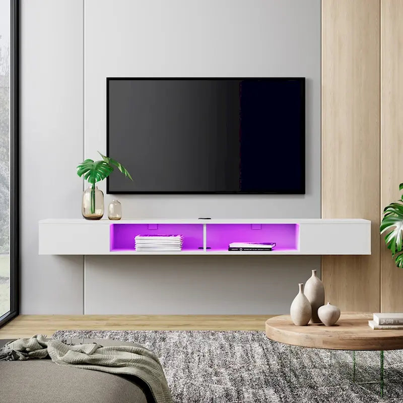 WAMPAT Meuble TV Flottant 70 Pouces Avec Lumières LED, Meuble TV Mural Sous Console Multimédia pour Salon - 70 Pouces