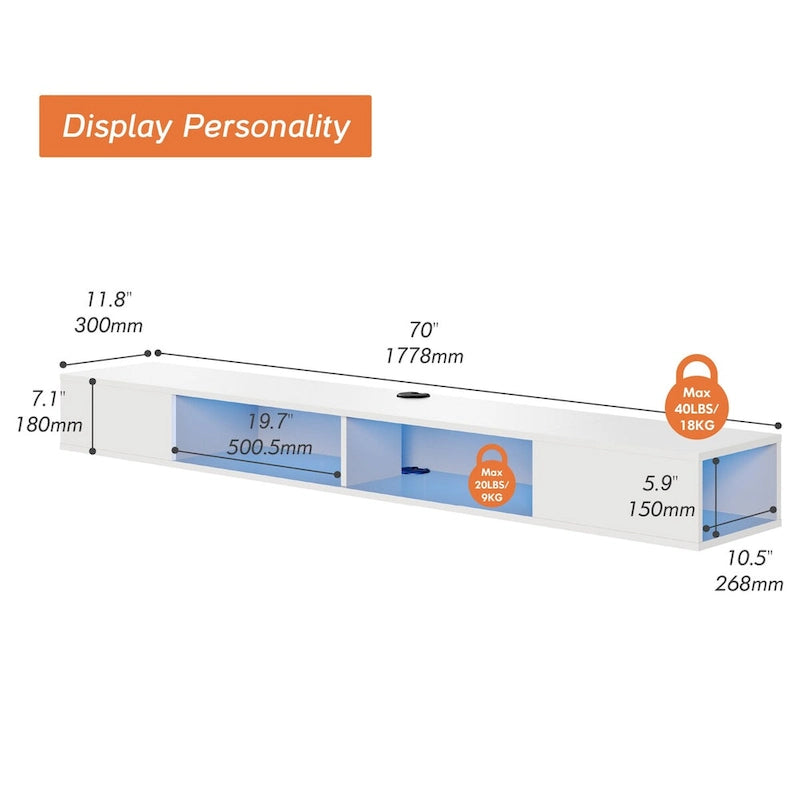 WAMPAT Meuble TV Flottant 70 Pouces Avec Lumières LED, Meuble TV Mural Sous Console Multimédia pour Salon - 70 Pouces