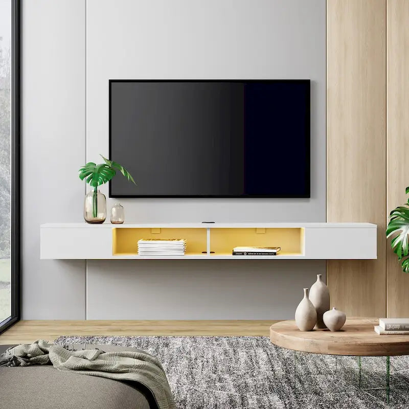 WAMPAT Meuble TV Flottant 70 Pouces Avec Lumières LED, Meuble TV Mural Sous Console Multimédia pour Salon - 70 Pouces