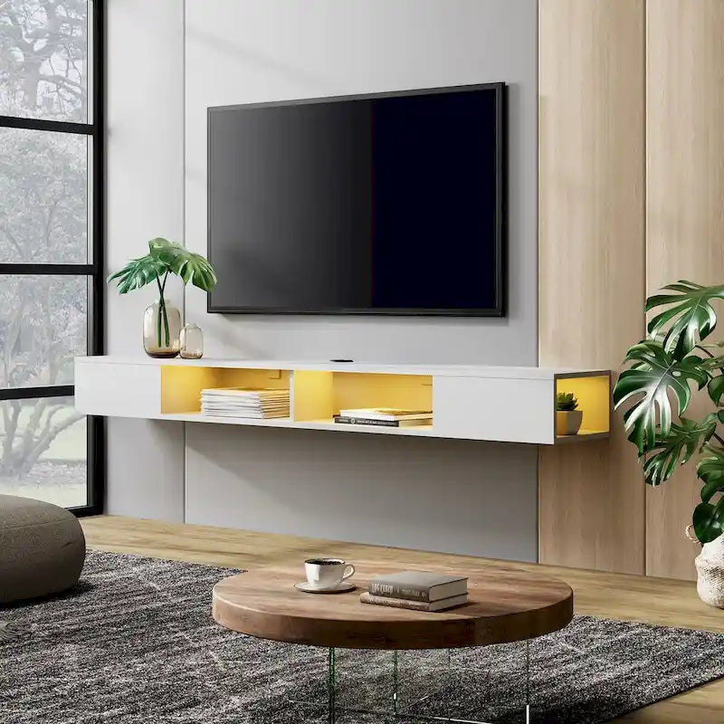 WAMPAT Meuble TV Flottant 70 Pouces Avec Lumières LED, Meuble TV Mural Sous Console Multimédia pour Salon - 70 Pouces
